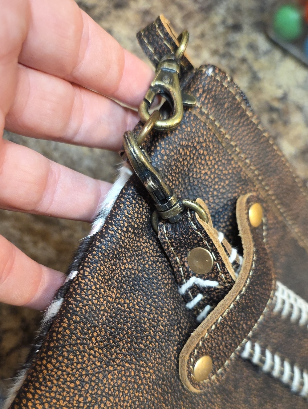 Myra Bag Brown and White Cowhide-Print Crossbody with Turquoise Concho - Picture 3 of 4